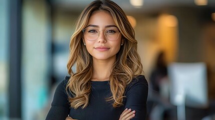 Confident young woman with glasses posing in a modern office environment, focused on her work