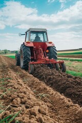Fototapeta premium Tractor plowing a field with a cloudy sky in the background