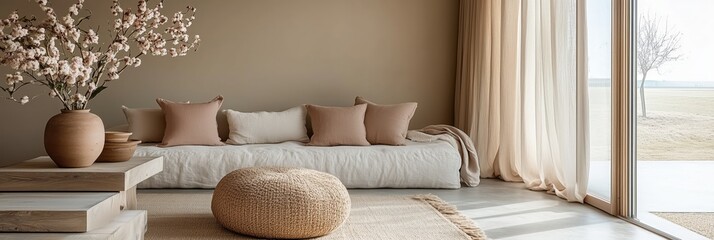 Modern beige living room with sofa, pouf and wooden table