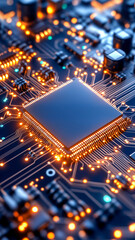 Obraz premium High tech microchip on circuit board with glowing connections