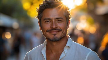 Portrait of a smiling man in a white shirt against a sunlit street with blurred background