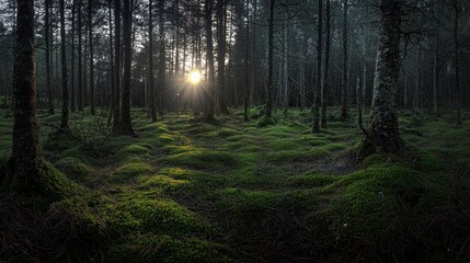 Obraz premium Forest Sunset: Mystical Green Moss Carpet