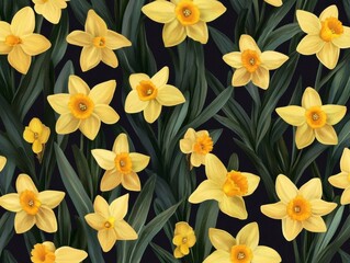 A Seamless Pattern of Yellow Daffodil Flowers with Bright Orange Cups and Lush Dark Green Leaves on a Green Background
