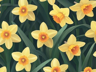 Obraz premium A Seamless Pattern of Yellow Daffodil Flowers with Bright Orange Cups and Lush Dark Green Leaves on a Green Background 