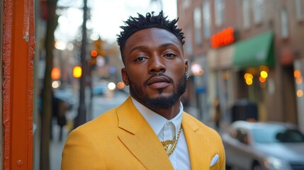 Stylish man in a vibrant yellow suit poses confidently on a city street during sunset