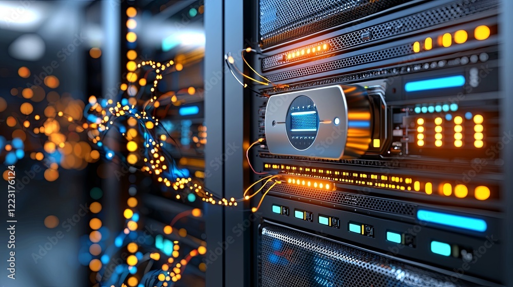 Poster data processing operation server room digital technology high-tech environment close-up view innovat