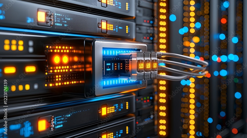 Poster data center operation server management technology infrastructure digital environment close-up view 