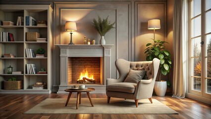 Cozy reading nook with a warm fireplace and plush armchair in a serene living room setting , armchair, fireplace