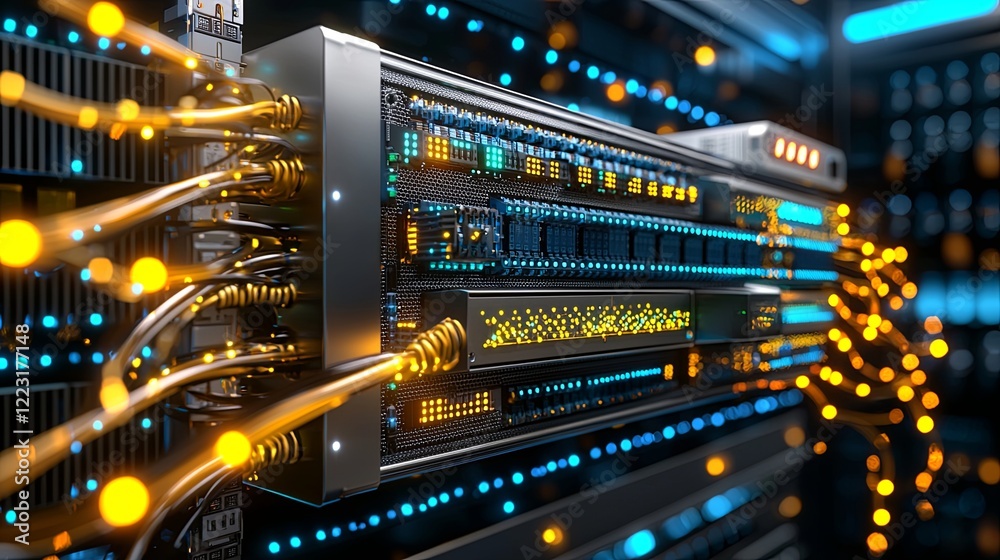 Poster data center operations technology hub visual representation high-tech environment close-up view netw