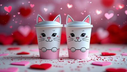 Two cute cat coffee cups for Valentine's Day pink hearts background romantic mood