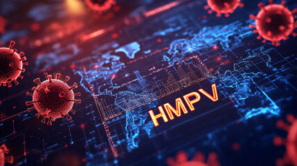 Human metapneumovirus HMPV molecular closeup view with world map concept, recently break out a new respiratory virus causing flu like symptoms coughs and fevers, Close up vibrant virus particles.