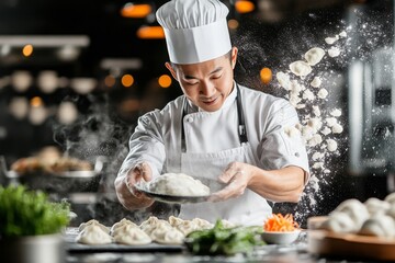 A chef preparing dumplings in consecutive stages, from filling the dough to steaming the final batch