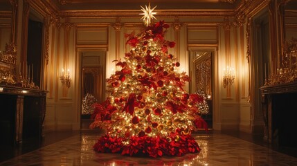 Elegant golden christmas tree adorned with red ornaments in luxurious interior