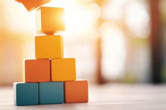 A child stacking blocks in consecutive order, building a tall and colorful tower on the floor of a sunny playroom