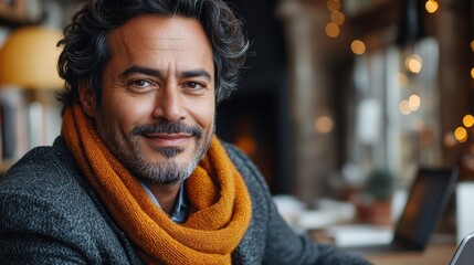 Smiling man in cozy sweater seated in a warm caf? surrounded by soft lighting and decor