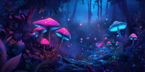 A vibrant, enchanted forest scene featuring glowing mushrooms, ideal for fantasy-themed projects, book covers, or nature-related marketing.