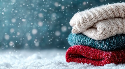 Cozy winter sweaters on snowy ground, festive background