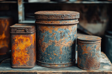 Fototapeta premium Representations of Rust Concept, Rusty metal containers in various sizes, showcasing vintage charm and texture