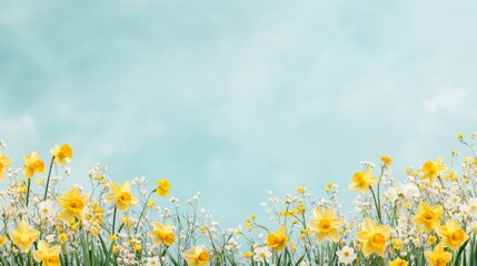 Vibrant daffodil border with cheerful yellow blooms and delicate white wildflowers under a bright spring sky