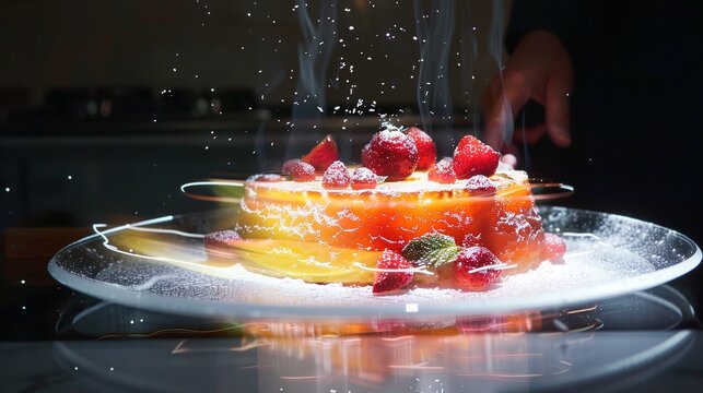 Envision a holographic dessert projection hovering above a plate, with interactive elements and changing patterns based on motion.