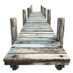 Obraz premium Weathered Wooden Dock Leading into Calm Water Under Bright Sky