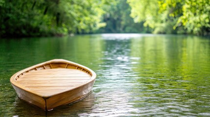 Obraz premium Wooden boat on calm river, lush green forest background; serene nature scene for travel brochures