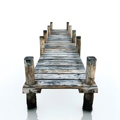 Fototapeta premium Wooden Pier Extending Into Calm Waters on a Clear White Background