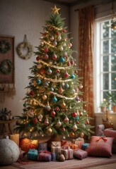 Boho-Chic Christmas Tree with Unconventional Ornaments and Textiles, unique, eclectic, artisanal
