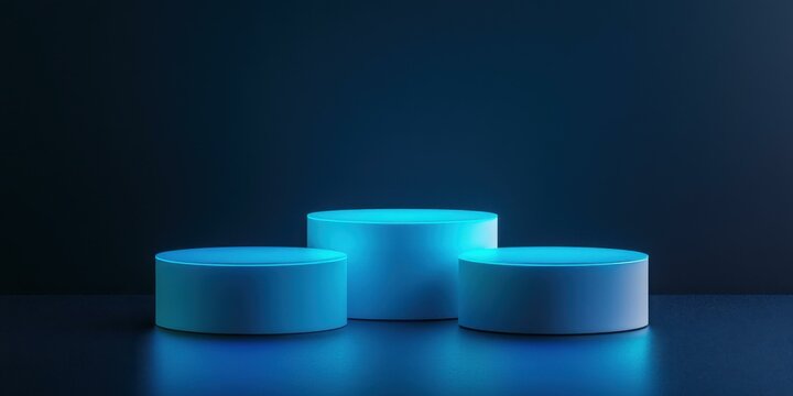 A minimalist composition featuring three illuminated circular platforms against a dark background. Ideal for product showcases, tech promotions, or modern art displays.