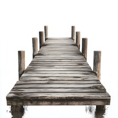 Fototapeta premium Wooden Dock Extending into Calm Water Under Bright White Sky
