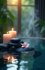 Spa background stones and candles , water, flowers and steam, natural light, tranquil atmosphere for relaxation and meditation