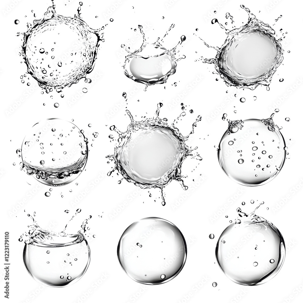 Poster A collection of high resolution images depicting various water splashes and bubbles isolated on black background.