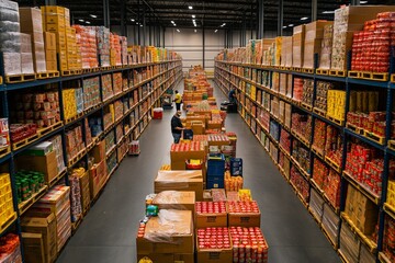 A large warehouse is filled with neatly organized pallets and shelves of donated canned food