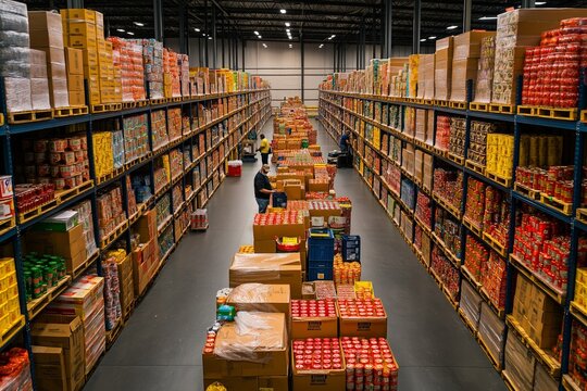 A large warehouse is filled with neatly organized pallets and shelves of donated canned food