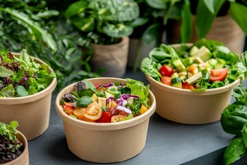 Eco-friendly takeaway packaging solution featuring biodegradable bowls with fresh salads in natural lighting