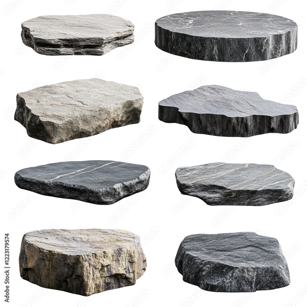 Aufkleber a diverse collection of eight natural stone platforms and slabs, varying in color and shape, isolate