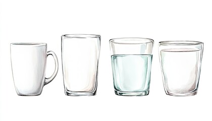 Four glass containers displaying varying levels of water, set against a neutral background