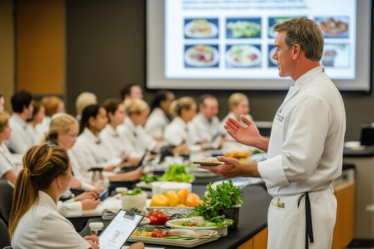Instructor leads a food safety training session in a classroom, showcasing proper handling methods while students in uniforms actively take notes