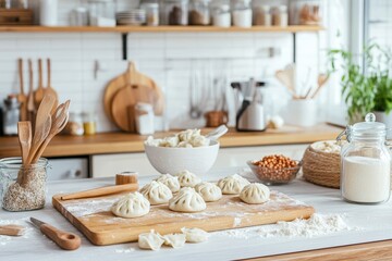 Freshly made potstickers on a wooden board in a cozy kitchen with natural lighting and bowls of filling