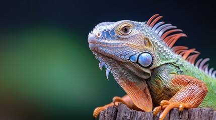 Obraz premium Green iguana portrait, jungle background, exotic reptile, wildlife photography, nature stock image