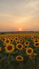 Obraz premium Breathtaking sunset over vast sunflower field in rural landscape, sunrays, flora, agriculture