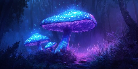 A mesmerizing scene of bioluminescent mushrooms in a mystical forest, perfect for fantasy-themed projects, nature illustrations, or magical storytelling.