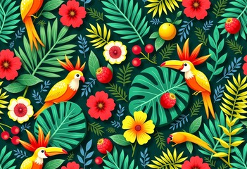Bold Tropical Pattern, Vivid Emerald Green, Fiery Red, Luminous Yellow, Palm Leaves, Hibiscus, Exotic Birds, Repeating Design, Energetic, Vibrant, Exotic.
