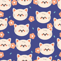 seamless pattern cute cartoon cat with flower and leaves. cute animal pattern for wallpaper, background and gift wrap paper