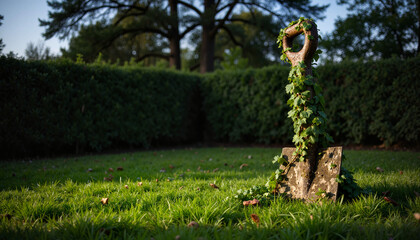 Old garden spade covered in ivy in an abandoned garden corner during gardening season with copy space