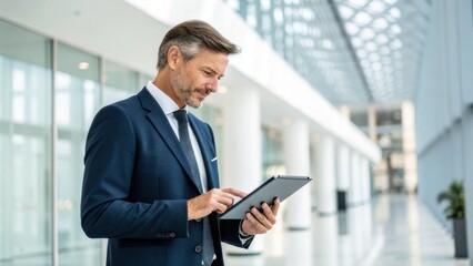Fototapeta premium Copayment benefits. Businessman using a tablet in a modern office space, dressed in a suit and tie.