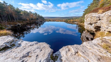 Calm autumn lake reflection in highland forest