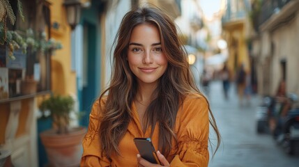Fototapeta premium Young woman smiling while holding a smartphone in a vibrant street with cafes and people in the background