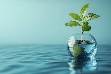 Transparent container holding soil, seedling submerged, representing water conservation and environmental sustainability copy space