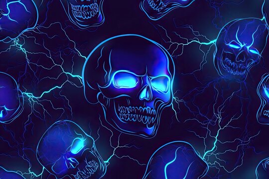 Glowing blue skulls surrounded by electric energy create hauntin